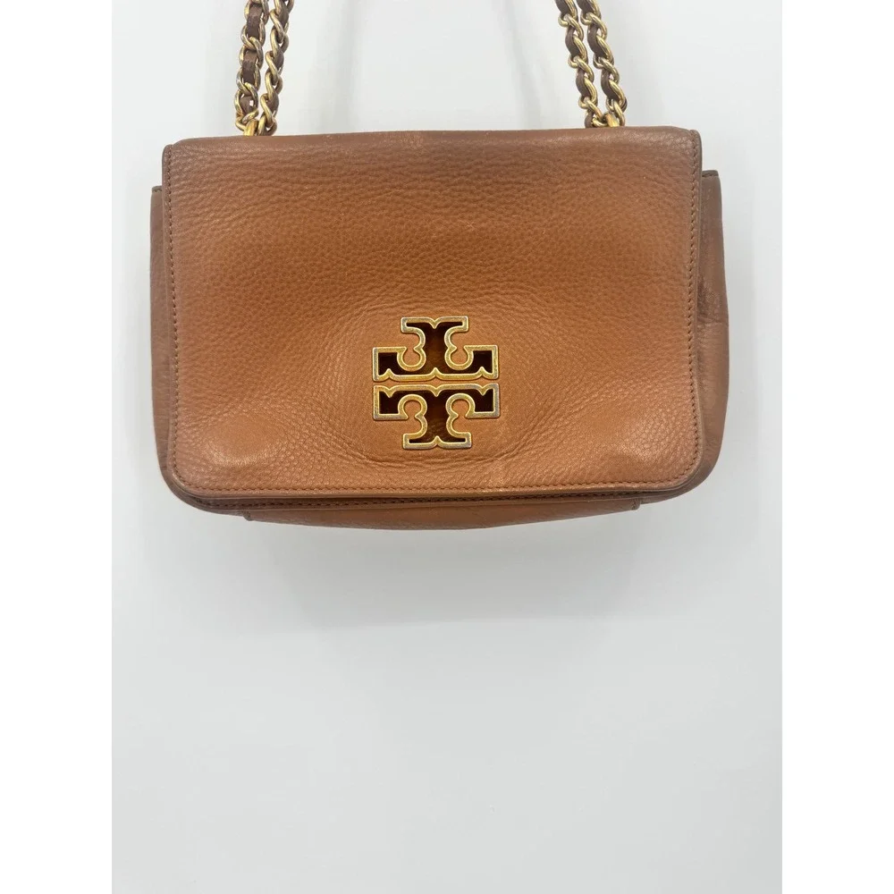 Tory Burch Shoulder Bag Womens Small Brown Leather Chain Strap Flap Logo